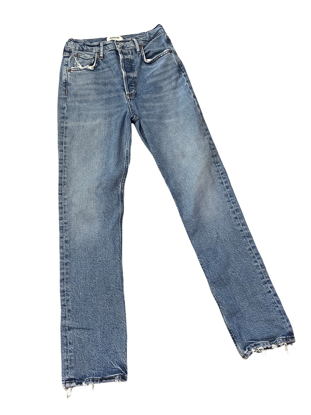 AGOLDE Riley Long High Rise Straight Jeans Size 24 Raw Hem Blue Denim